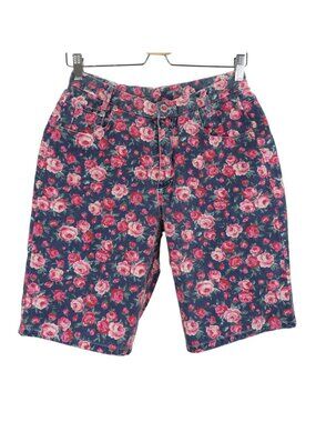 VTG Good Fellows Women 11/12 Pink Rose Flower Floral Denim Mom Shorts Pockets